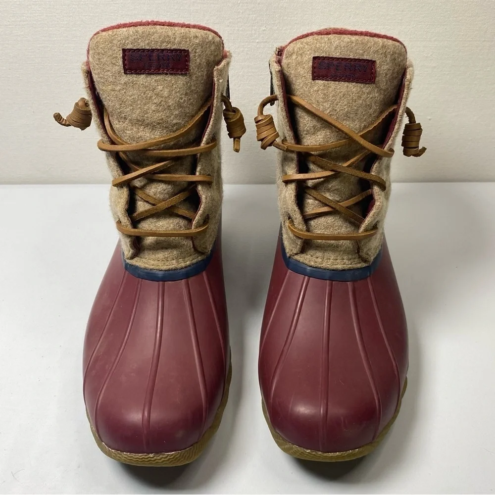 Sperry Saltwater Wool duck boots sz‎ 8 Rubber Side Zip Fleece Lined red tan